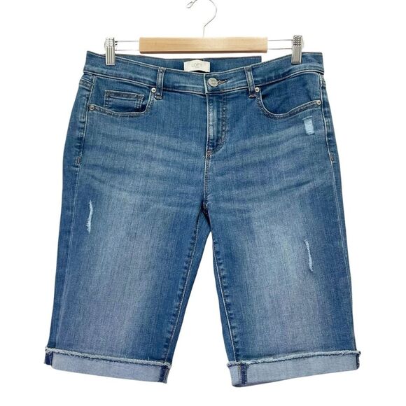 NWT LOFT Bermuda Roll Denim Shorts Size 8 Medium Wash Distressed Cuffed Stretch - Picture 1 of 10
